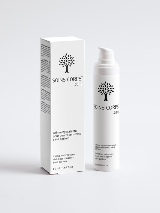 Crème Hydratante pour Peaux Sensibles, sans parfum de SoinsCorps.com — une formule douce et efficace qui hydrate intensément, apaise et renforce la barrière cutanée. Conçue spécialement pour les peaux sensibles, sujettes aux irritations et aux rougeurs, cette crème offre un confort immédiat et une hydratation longue durée.