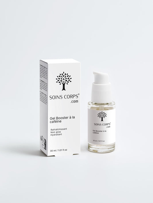Gel Booster à la Caféine de SoinsCorps.com, un soin concentré en gel, certifié Ecocert COSMOS Natural, formulé pour réveiller et tonifier la peau tout en réduisant visiblement les signes de fatigue. Grâce à sa caféine dosée à 1 %, 