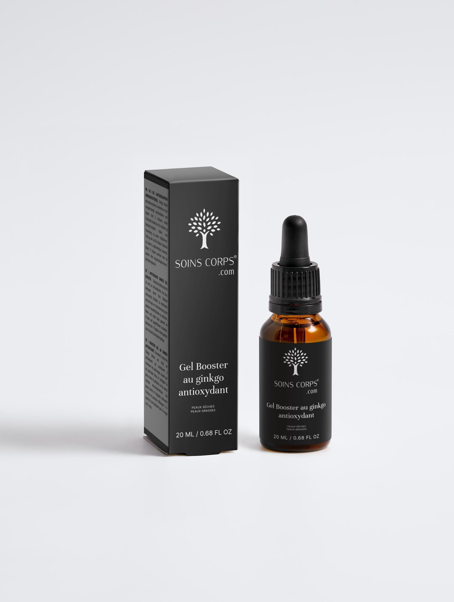 Gel Booster pour homme au Ginkgo Antioxydant de SoinsCorps.com, un soin naturel concentré conçu pour réveiller, protéger et hydrater la peau au quotidien. Riche en extrait de Ginkgo biloba.