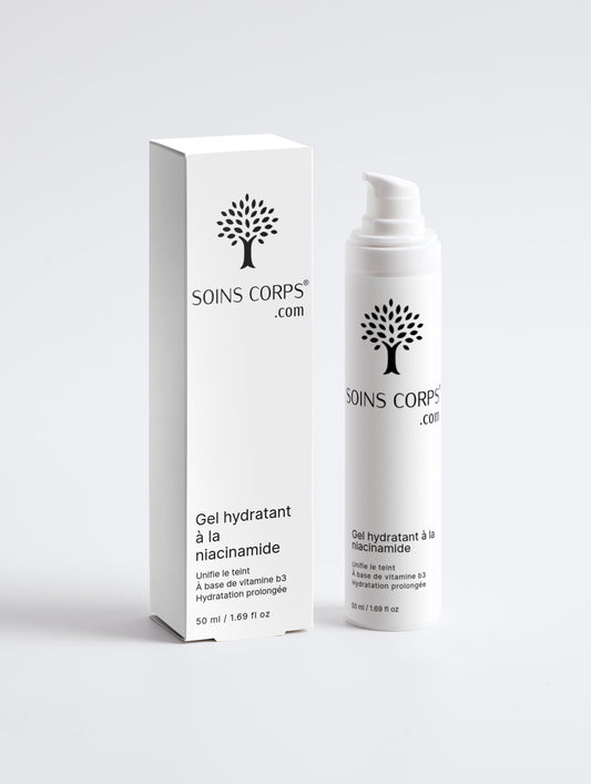 Gel Hydratant à la Niacinamide de SoinsCorps.com, un soin visage ultra-frais qui associe hydratation durable et correction du teint. Formulé avec 5 % de niacinamide (vitamine B3)