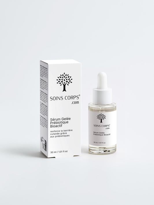 Sérum Gelée Prébiotique Bioactif de SoinsCorps.com, une solution de soin innovante fondée sur la science de la peau et le pouvoir des prébiotiques naturels. Conçu pour équilibrer le microbiome cutané et renforcer la barrière protectrice