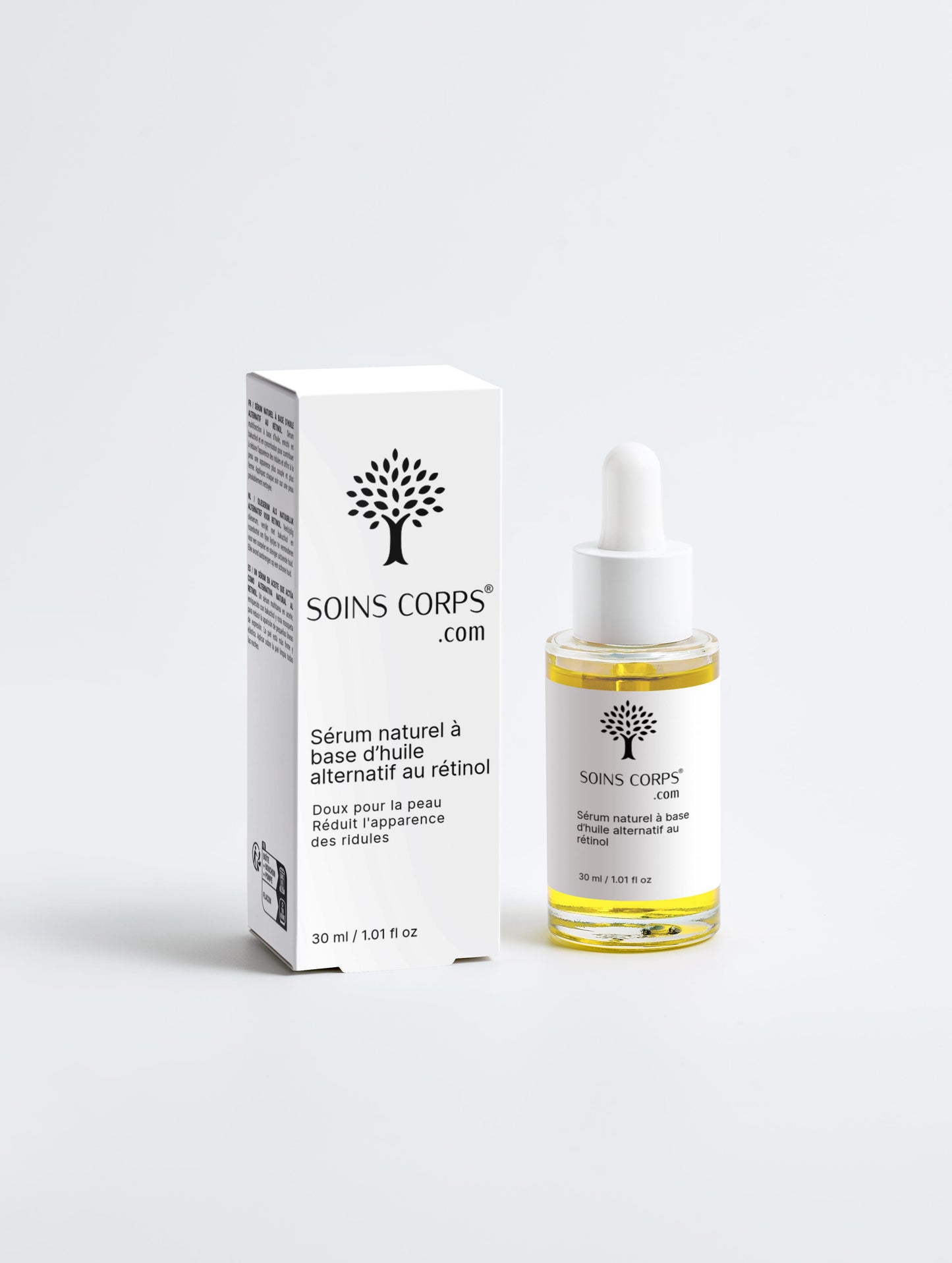 Sérum Naturel à Base d’Huile – Alternative au Rétinol de SoinsCorps.com, une formule innovante et certifiée biologique conçue pour réduire l’apparence des ridules et raviver la fermeté de la peau, tout en respectant les peaux les plus sensibles. Enrichi en bakuchiol.